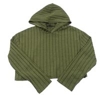 Khaki žebrované úpletové crop triko s kapucí shein