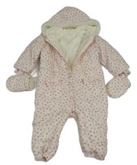 Světlerůžová šusťáková květovaná zimní kombinéza s kapucí + rukavice Next