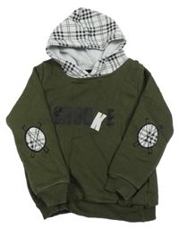 Khaki mikina s nápisem a kostkovanou kapucí 