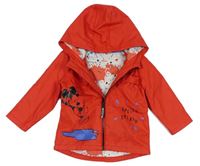 Červená nepromokavá podzimní bunda s kapucí a Mickeym zn. Disney