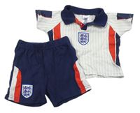 2Set - Světlešedo-bílo-červeno-tmavomodré pruhované fotbalové polo tričko England + kraťasy 