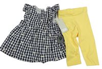 2set - Tmavomodro-bílé kostkované květované šaty + žluté legíny F&F