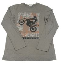Šedobéžové triko s nápisy a bikerem Y.F.K.