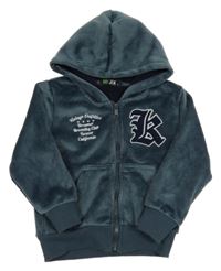 Petrolejová žebrovaná plyšová propínací mikina s písmenem a kapucí 