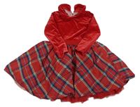 Červeno-tmavomodro-zelené sametové šaty s kostkovanou sukní a límečkem Dunnes Stores