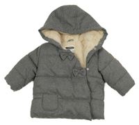 Šedá zimní bunda s mašlemi a kapucí 