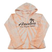 Bílo-oranžová batikovaná crop mikina s nápisem a kapucí 