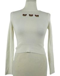 Dámský bílý žebrovaný crop svetr s motýlky a stojáčkem H&M