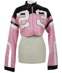 Dámská růžovo-černá koženková crop bunda s číslem 