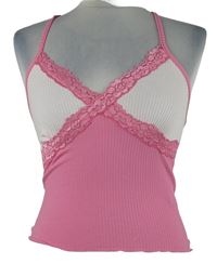 Růžovo-světlerůžový žebrovaný crop top s krajkou Primark 