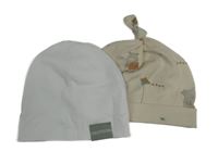 2x bavlněná čepice bílá+ béžová s hrochy