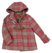 Růžovo-barevný kostkovaný vlněný zateplený kabát s kapucí Joules