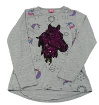 Šedé melírované triko s koníkem z překlápěcích flitrů a jednorožci 