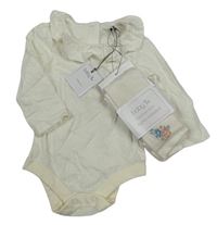 Nové - 2set - Smetanové body s límečkem + punčocháče s květy Tu