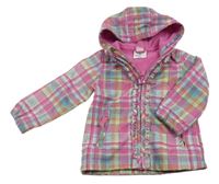 Růžovo-barevná kostkovaná softshellová bunda s volánky a kapucí Topomini