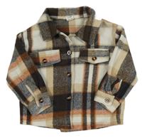 Hnědo-bílo-béžová kostkovaná košilová bunda shein