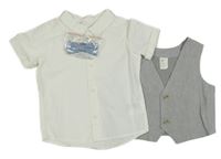 Nové - 3set - Šedá společenská vesta + košile + motýlek H&M