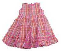 Světlerůžovo-tmavorůžovo/oranžové kostkované plátěné šaty s jablíčkem a puntíky a kanýrky zn. Mothercare