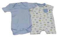 2set - Bílo-modrý kraťasový overal s obrázky + modro-bílé pruhované body