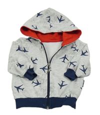 Šedo-tmavomodrá propínací mikina s letadly a kapucí 