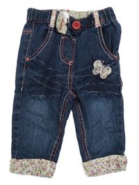 Tmavomodré rifle s motýlkem a kytičkami 