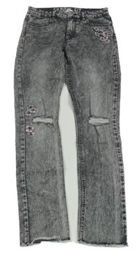 Šedé skiny plísňové rifle s kytičkami a průstřihy H&M