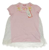 Nové - Světlerůžovo-bílé tričko s květy a krajkovými zády Original Marines