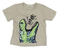 Béžové tričko s dinosaurem a flitry H&M