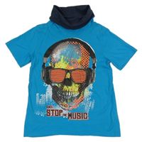 Azurové tričko s lebkou a límcem Yigga