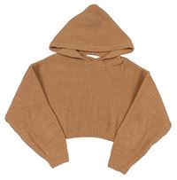 Hnědý žebrovaný crop svetr s kapucí Candy Couture