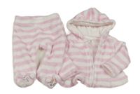 2Set - Růžovo-bílá pruhovaná plyšová bunda s kapucí s oušky + polodupky