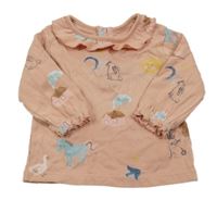 Pudrové triko se zvířátky a domečky a sluníčky a volánkem M&S