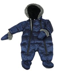 Tmavomodrá prošívaná šusťáková zimní kombinéza s kapucí s kožešinou + rukavice