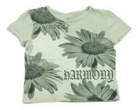 Světleolivové crop tričko se slunečnicemi a nápisem H&M