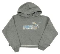 Šedá melírovaná oversize crop mikina s logem a kapucí PUMA