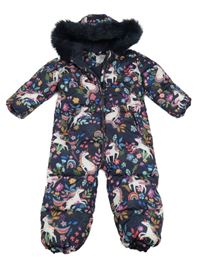 Tmavomodrá prošívaná šusťáková zimní kombinéza s jednorožci a kapucí s kožešinou Next