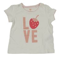 Bílé tričko s nápisem a jahůdkou lupilu