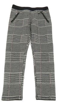 Černo-světlešedo-červeno-starorůžové kostkované vzorované úpletové tregínové kalhoty se zipy Nutmeg