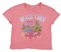 Růžové crop tričko s palmami a nápisy BLU KIDS