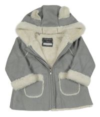 Šedý semišový zateplený kabát s kapucí s oušky a kožešinou PRIMARK