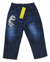 Nové - Tmavomodré kalhoty riflového vzhledu s dinosaurem zn. Shein