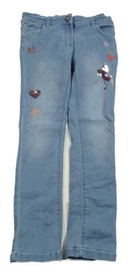 Modré skinny rifle s koněm z překlápěcích flitrů a srdíčky Topolino