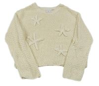 Krémový perforovaný crop svetr s květinami Zara