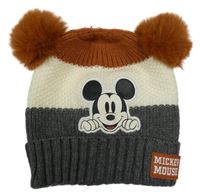 Tmavošedo-smetanovo-hnědá pletená čepice s Mickeym a bambulemi Primark
