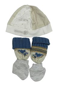 3 set - šedé rukavice + béžovo-modré pletené rukavice + smetanovo-béžová bavlněná čepice 