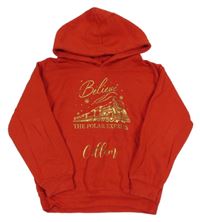 Červená mikina se zlatým potiskem a kapucí 