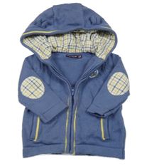 Modrý propínací vlněný svetr s nášivkami a kapucí 