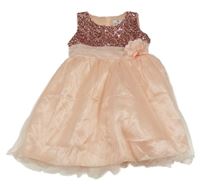 Meruňkové tylové slavnostní šaty s flitry a páskem 