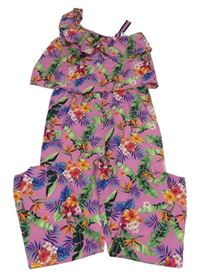 Růžovo-barevný květovaný lehký kalhotový overal 