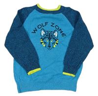 Azurovoů-modrozelený melírovaný svetr s vlkem Kids
